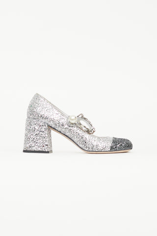 Miu Miu Silver Glitter Pearl Mary Jane Heel