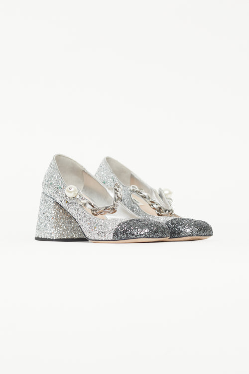 Miu Miu Silver Glitter Pearl Mary Jane Heel