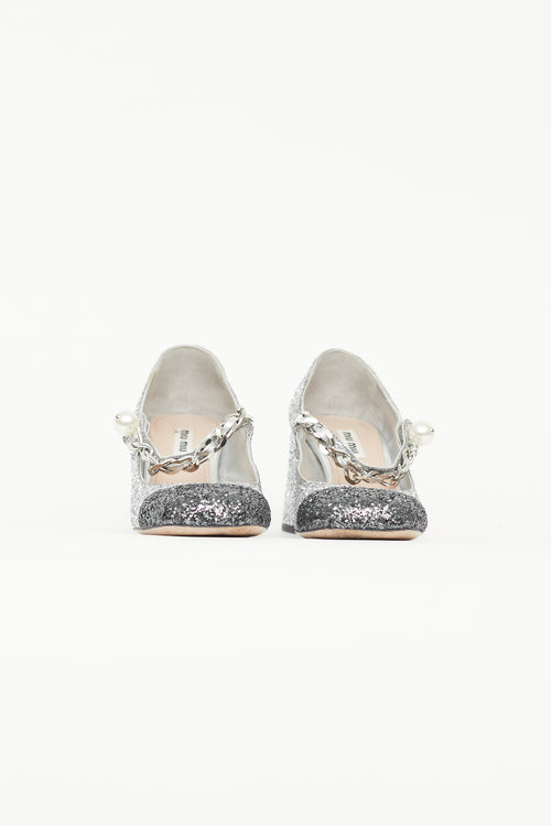 Miu Miu Silver Glitter Pearl Mary Jane Heel