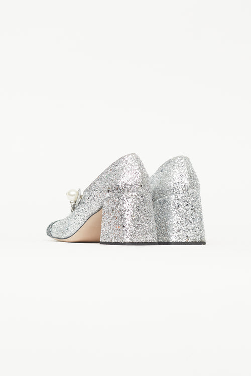 Miu Miu Silver Glitter Pearl Mary Jane Heel