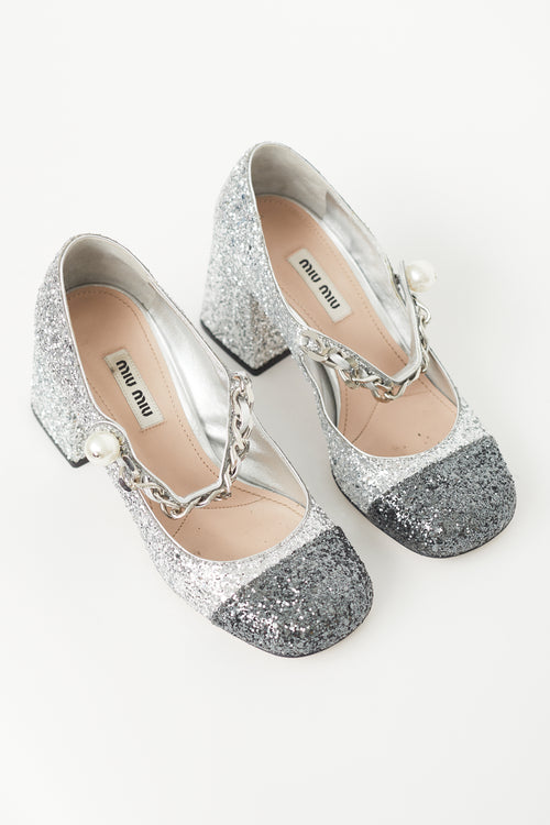 Miu Miu Silver Glitter Pearl Mary Jane Heel