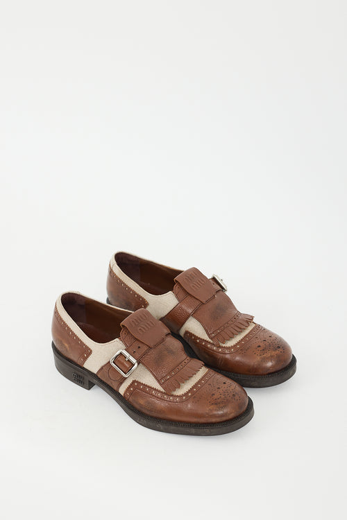 Miu Miu X Church
s Brown Leather 
Beige Canvas Kiltie Fringe Brogue