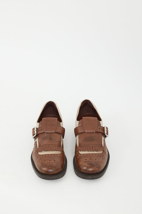 Miu Miu X Church
s Brown Leather 
Beige Canvas Kiltie Fringe Brogue