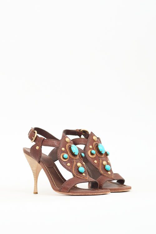 Miu Miu Vintage Brown Leather Turquoise Sandal