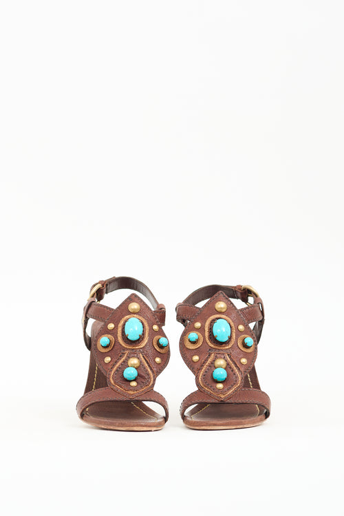 Miu Miu Vintage Brown Leather Turquoise Sandal