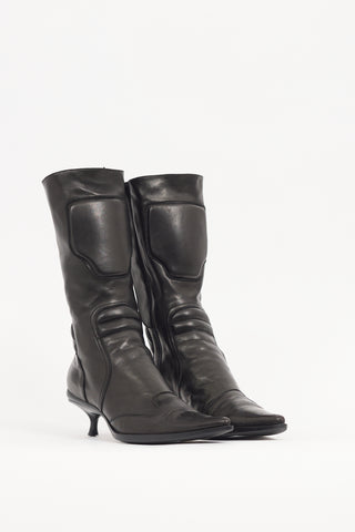 Miu Miu 1999 Grey Metallic Leather Moto Boot