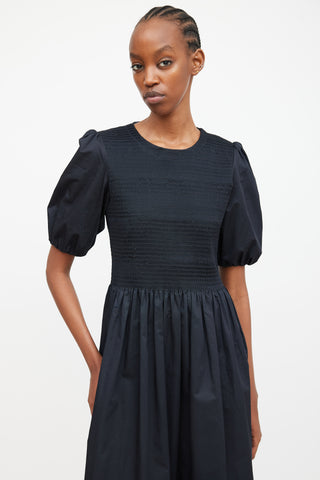 Molly Goddard Black Puff Sleeve 
Shirred Dress