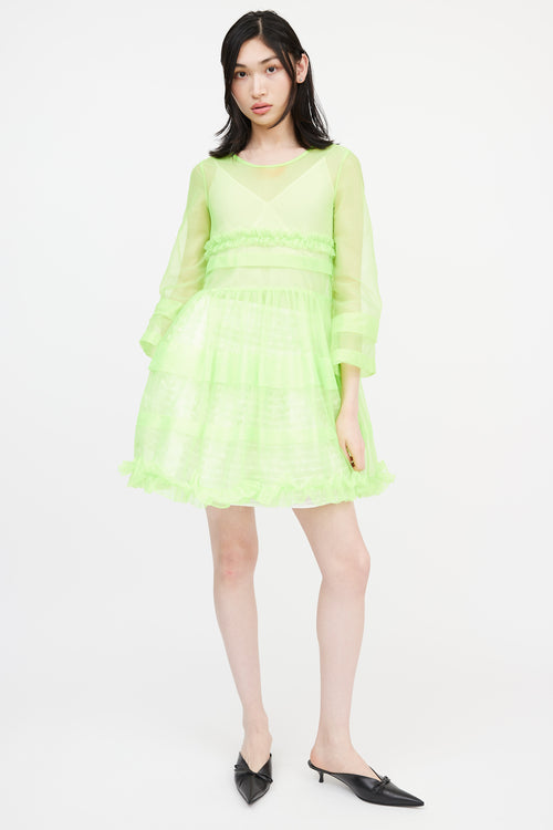 Molly Goddard Green Sheer Sparkly Nylon Tier Dress