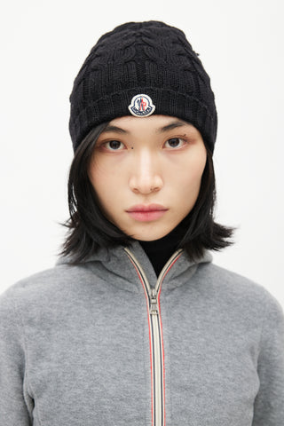 Moncler Black Cable Knit Logo Beanie