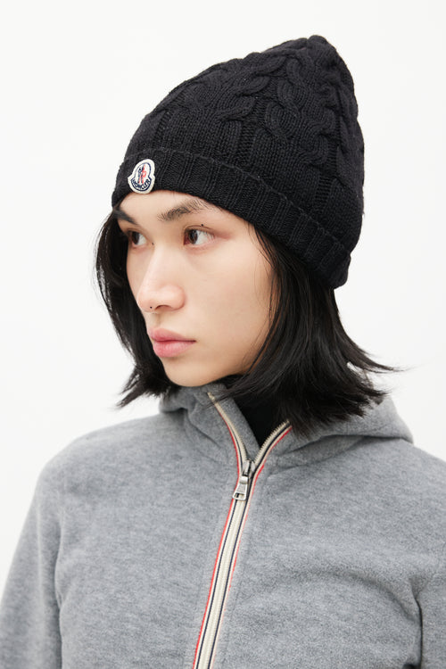 Moncler Black Cable Knit Logo Beanie