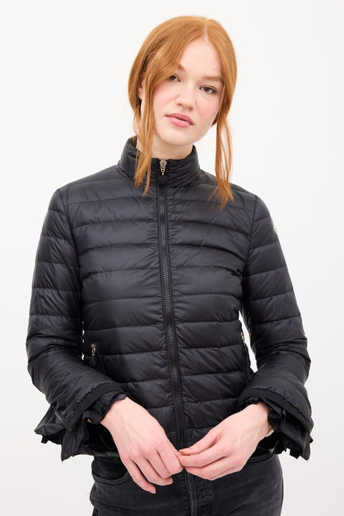 Moncler Black Down 
Nylon Haru Ruffled Puffer Jacket