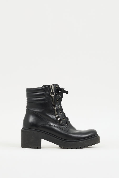 Moncler Black Leather Viviane Heeled Platform Combat Boot