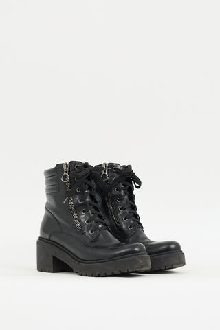 Moncler Black Leather Viviane Heeled Platform Combat Boot