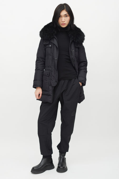 Moncler Black Loup Fur Collar Belted Down Jacket