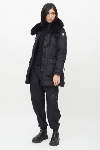 Moncler Black Loup Fur Collar Belted Down Jacket