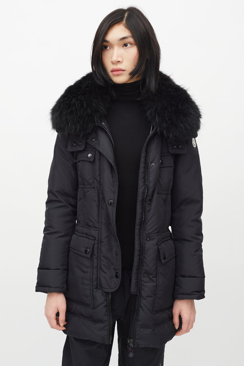 Moncler Black Loup Fur Collar Belted Down Jacket