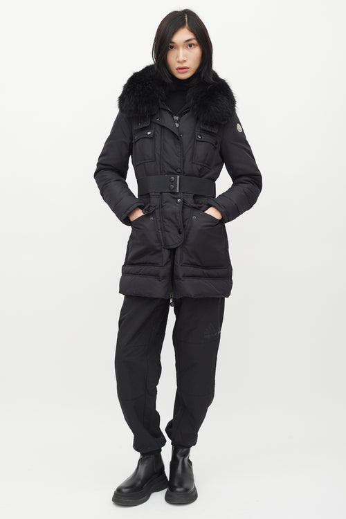 Moncler Black Loup Fur Collar Belted Down Jacket