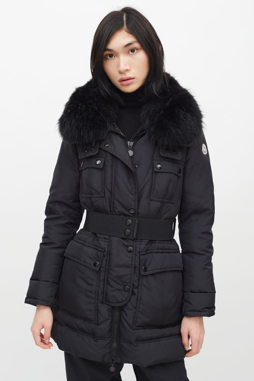 Moncler Black Loup Fur Collar Belted Down Jacket