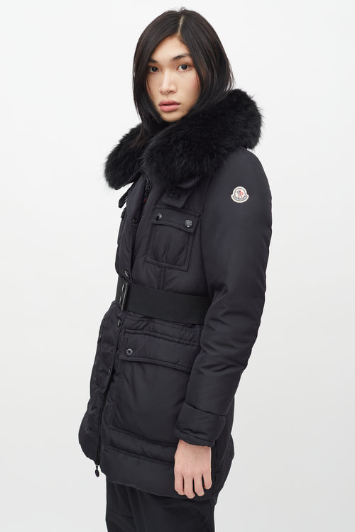 Moncler Black Loup Fur Collar Belted Down Jacket