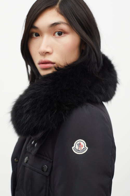 Moncler Black Loup Fur Collar Belted Down Jacket