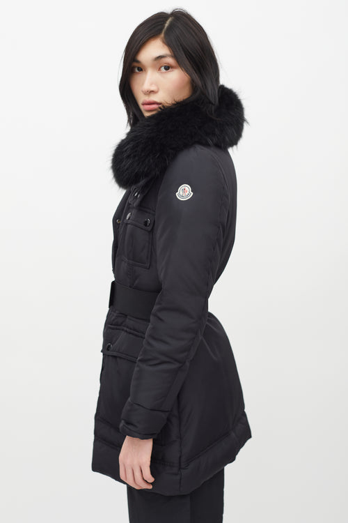 Moncler Black Loup Fur Collar Belted Down Jacket