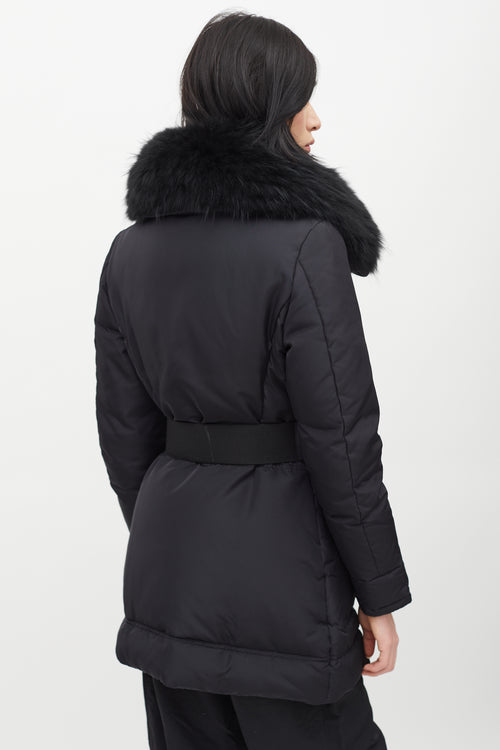 Moncler Black Loup Fur Collar Belted Down Jacket