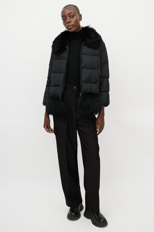 Moncler Black Nylon 
Fur Trim Jacket