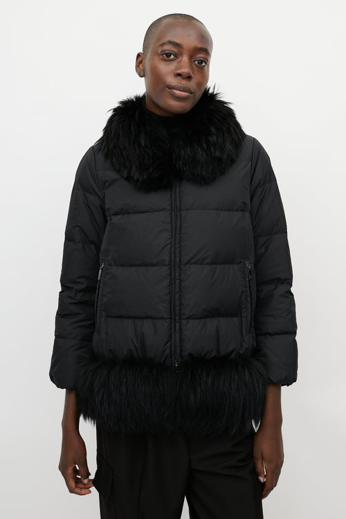 Moncler Black Nylon 
Fur Trim Jacket