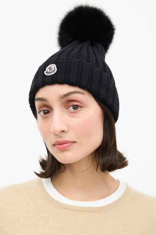 Moncler Black Ribbed Pom Pom Beanie