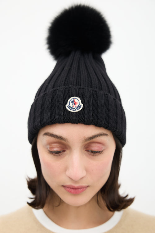 Moncler Black Ribbed Pom Pom Beanie