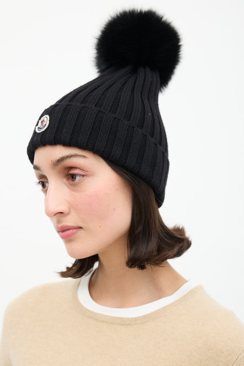 Moncler Black Ribbed Pom Pom Beanie