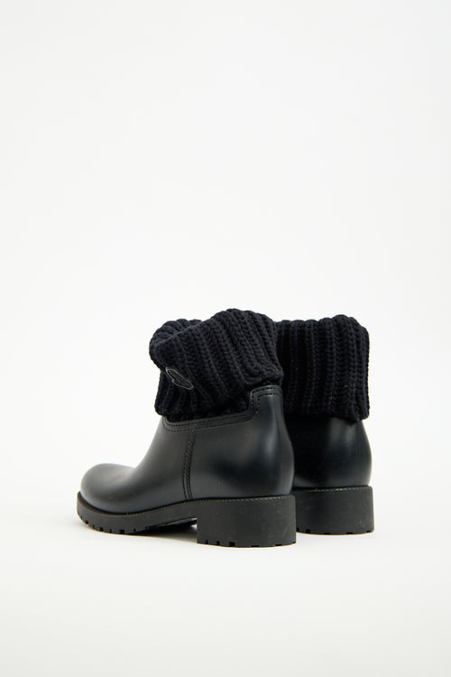 Moncler Black Rubber 
Knit Cuff Ginette Boot