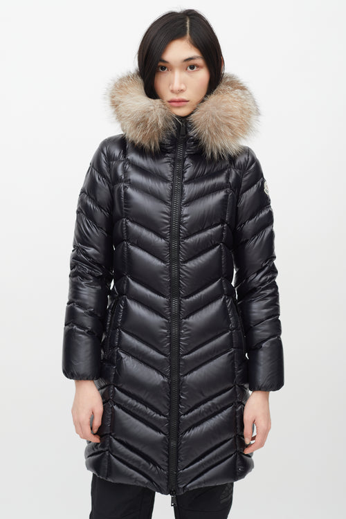 Moncler Black Shine Fulmar Fur Hood Down Jacket