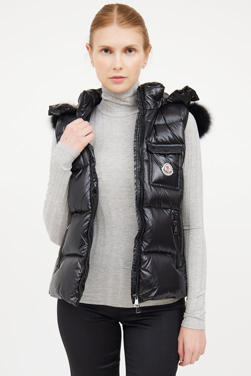 Moncler Black Balabio Fur Hooded Puffer Vest