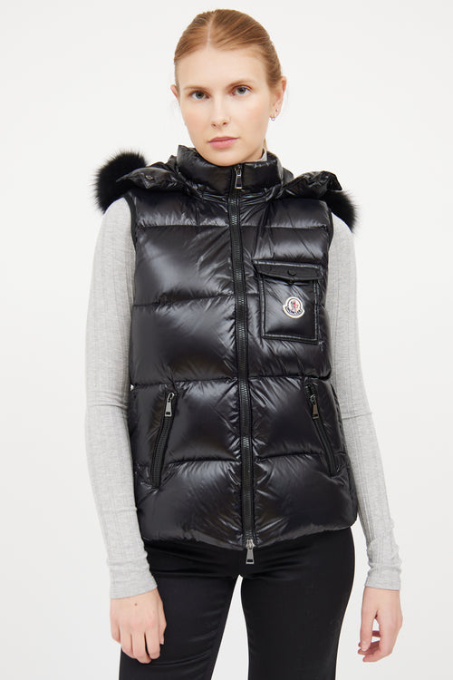 Moncler Black Balabio Fur Hooded Puffer Vest