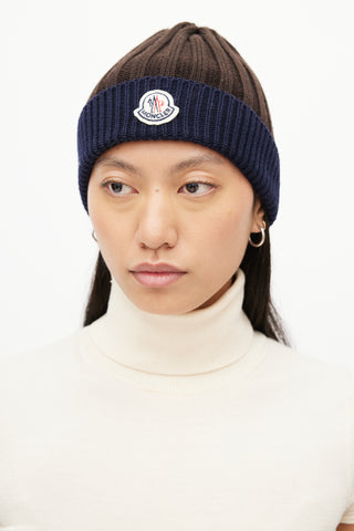 Moncler Brown 
Navy Ribbed Logo Beanie