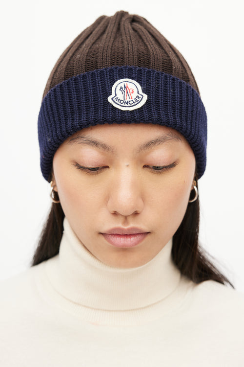 Moncler Brown 
Navy Ribbed Logo Beanie