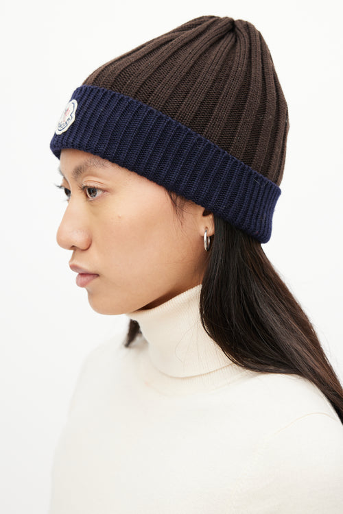 Moncler Brown 
Navy Ribbed Logo Beanie