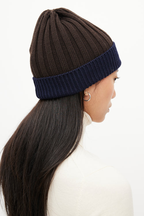 Moncler Brown 
Navy Ribbed Logo Beanie