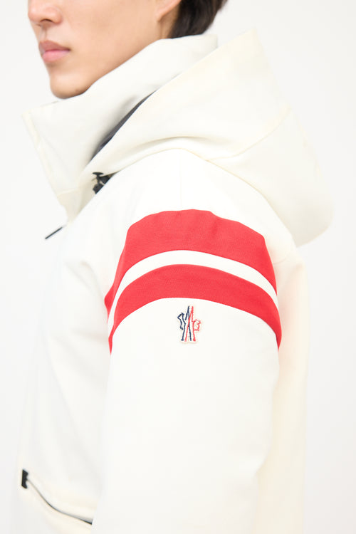 Moncler Grenoble White Nylon Striped Hooded Down Jacket