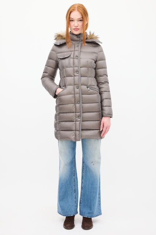 Moncler Grey Down 
Fur Trim Hemifur Puffer Coat