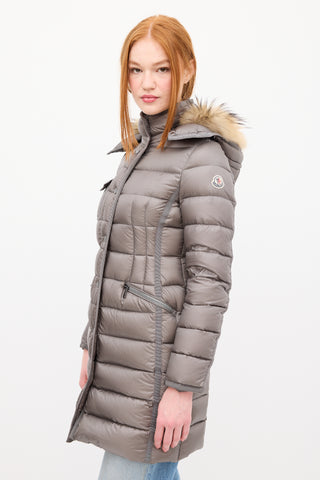 Moncler Grey Down 
Fur Trim Hemifur Puffer Coat