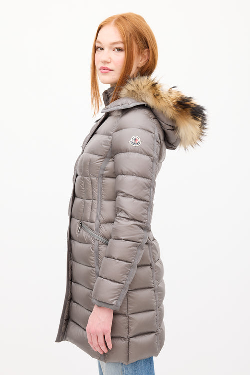 Moncler Grey Down 
Fur Trim Hemifur Puffer Coat