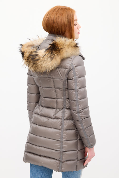 Moncler Grey Down 
Fur Trim Hemifur Puffer Coat