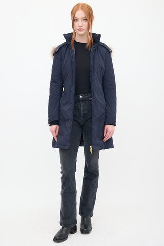 Moncler Navy Down 
Fur Trim Belted Coat