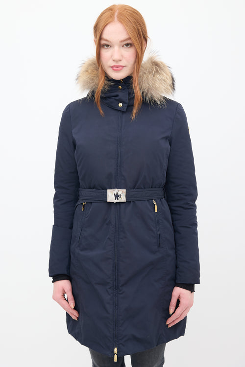 Moncler Navy Down 
Fur Trim Belted Coat