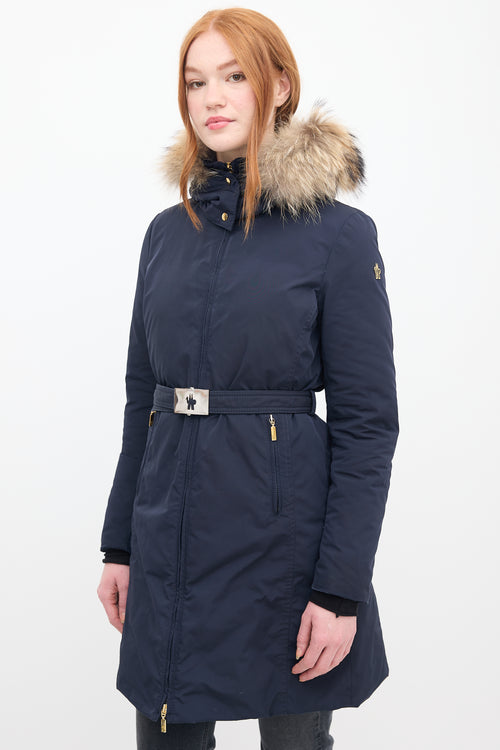 Moncler Navy Down 
Fur Trim Belted Coat