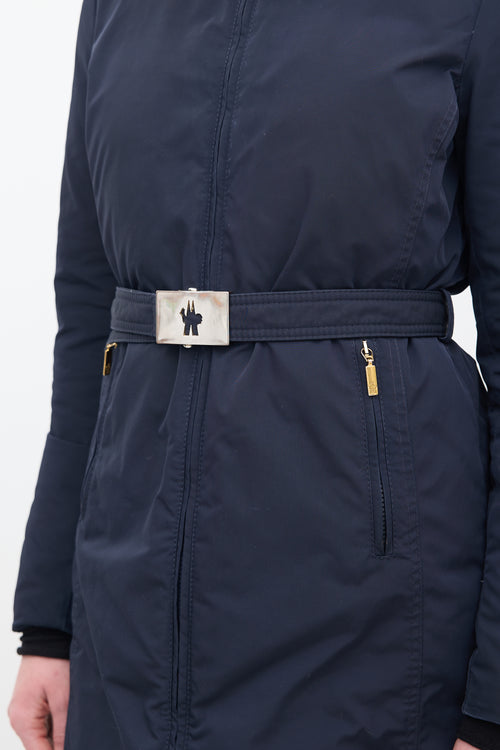 Moncler Navy Down 
Fur Trim Belted Coat