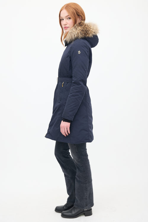 Moncler Navy Down 
Fur Trim Belted Coat