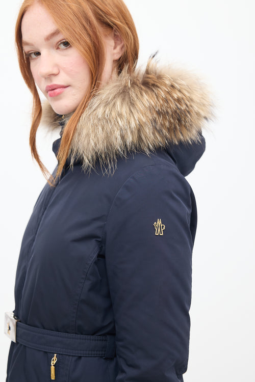 Moncler Navy Down 
Fur Trim Belted Coat